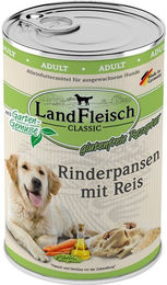 Produktbild von LandFleisch Dog Classic Hundefutter Adult Rinderpansen mit Reis Stückchen in Sauce glutenfrei ohne Zucker 6x400g