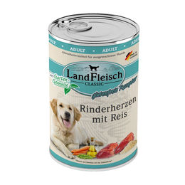 Produktbild von LandFleisch Dog Classic Hundefutter Rinderherzen mit Reis Stückchen in Sauce Adult Glutenfrei Ohne Zucker 6x400g