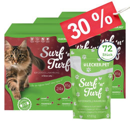 Lecker.Pet Surf'n'Turf Katzenfutter Huhn Stückchen in Gelee 4er Multipack 85 g Beutel für erwachsene Katzen mit hohem Fleischanteil - 72 x 85 g – Bild 1 von 6