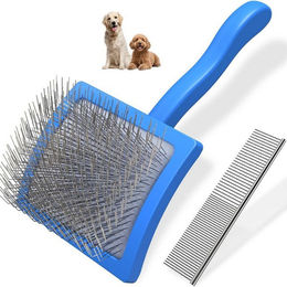 Ledander Fellbürsten Set für Hunde und Katzen mit Unterwollbürste und Fellkamm aus Metall in Blau – Bild 1 von 4