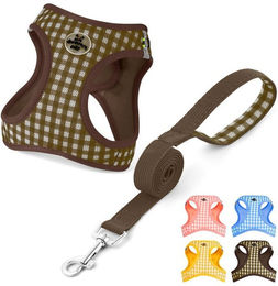 Ledander Hundegeschirr und Leine Set Braun aus atmungsaktivem Mesh mit gepolsterter Weste und Reflektoren für kleine und mittlere Hunde – Bild 1 von 5