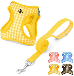 Ledander Hundegeschirr und Leine Set Gelb aus atmungsaktivem Mesh mit gepolsterter Weste und Reflektoren für kleine Hunde – Bild 1 von 2