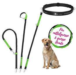 Leisegrün Joggingleine für große Hunde aus Nylon in Schwarz oder Grün mit Ruckdämpfer und Bauchgurt wasserabweisend – Bild 1 von 7