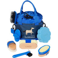 Produktbild von LeMieux Mini Pflegeset für Ponys in Blau mit Holz-Elementen im Beutel