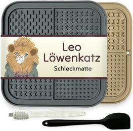 LEO LÖWENKATZ 2er Set Schleckmatte für Katzen aus Silikon mit Bürste und Spatel in Grau – Bild 1 von 3