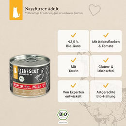 Produktbild von Liebesgut Bio Hundefutter Gans mit Kokosflocken und Tomate glutenfrei und laktosefrei 12x200g