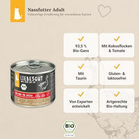 Produktbild von Liebesgut Bio Hundefutter Gans mit Kokosflocken und Tomate glutenfrei und laktosefrei 12x200g