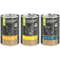 Produktbild von Liebesgut Bio Hundefutter Junior Stückchen in Sauce Pute Huhn Rind 18 x 400 g