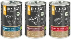 Liebesgut Bio Katzenfutter Adult Stückchen in Sauce Ente Rind Gans 18 x 400 g – Bild 1 von 2