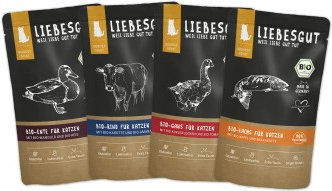 Liebesgut Bio Katzenfutter Adult Stückchen in Sauce Ente Rind Gans Lachs 48 x 100 g – Bild 1 von 2