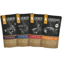 Produktbild von Liebesgut Bio Katzenfutter Adult Stückchen in Sauce Ente Rind Gans Lachs 48 x 100 g