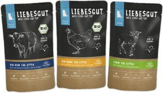 Liebesgut Bio Katzenfutter Junior Kitten Stückchen in Sauce Rind Huhn Lamm 36 x 100 g – Bild 1 von 2