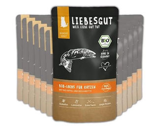 Liebesgut Bio Katzenfutter Nass Lachs mit Stückchen in Sauce, getreidefrei und glutenfrei, 12x100g – Bild 1 von 4