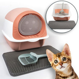 LINUMA Katzentoilette mit Deckel, Streumatte und Schaufel aus Kunststoff in Rosa für Katzen und Kitten – Bild 1 von 5