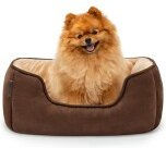 Lionto 2-in-1 Hundebett und Hundekissen für Hunde und Katzen in Kunstleder-Wildlederoptik Größe L Braun/Beige – Bild 1 von 8