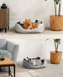 lionto 4-in-1 Hundebett aus Oxford-Gewebe mit Wendekissen und Zierkissen grau/schwarz Größe L – Bild 1 von 5