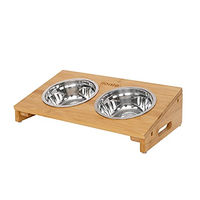 Produktbild von lionto Erhöhte Napfstation aus Bambus für kleine bis mittlere Hunde und Katzen mit 2 Edelstahlnäpfen in Natur und Silber - 0,25 l