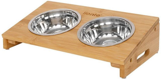 lionto Futterstation für Katzen mit erhöhtem Doppelnapfständer aus Bambus und Edelstahl 2 x 250 ml – Bild 1 von 3