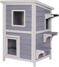 lionto Katzenhaus CityTower wetterfestes 2-Etagen Tierhaus für drinnen und draußen in Grau-Weiß mit Bitumendach und Katzenklappe – Bild 1 von 13