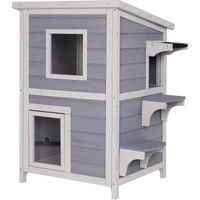 Produktbild von lionto Katzenhaus CityTower wetterfestes 2-Etagen Tierhaus für drinnen und draußen in Grau-Weiß mit Bitumendach und Katzenklappe