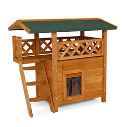 lionto Katzenhaus Outdoor Lodge aus Holz mit Terrasse und Treppe braun 77x50x73 cm – Bild 1 von 7