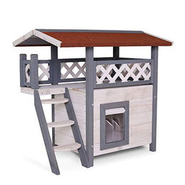 lionto Katzenhaus SunLounge aus Holz mit Terrasse und Windschutz grau/weiß 77x50x73 cm – Bild 1 von 13