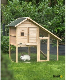 lionto Kleintierstall FarmLodge aus Holz für Kaninchen und Meerschweinchen mit zwei Etagen und Rampe 140x65x119 cm – Bild 1 von 13