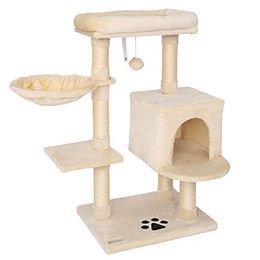 lionto Kratzbaum für Katzen in Beige mit Sisal, Plüschball, Glöckchen und Wandhalterung, Höhe 93 cm – Bild 1 von 3