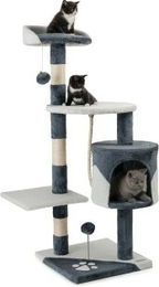 Lionto Kratzbaum für Katzen in Grau/Weiß mit Spielzeug, Sisalseil, Liegefläche und Höhle, Höhe 112 cm – Bild 1 von 9