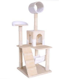 Lionto Kratzbaum für Katzen mit Hängematte und Tunnel, 133 cm hoch, beige/weiß mit Sisalseil und Plüsch – Bild 1 von 10