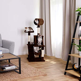 Lionto Kratzbaum für Katzen mit Hängematte und Tunnel aus Sisal und Plüsch in Braun, Höhe 133 cm – Bild 1 von 7