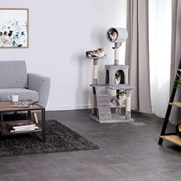 Lionto Kratzbaum für Katzen mit Hängematte und Tunnel in Hellgrau, Höhe 133 cm mit Sisalseil und Plüsch – Bild 1 von 6