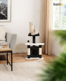 lionto Kratzbaum für Katzen mit Höhle und Plüschball aus Sisal in Schwarz/Weiß Höhe 65 cm – Bild 1 von 8