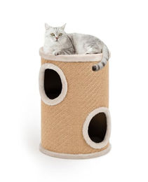 lionto Kratztonne für Katzen aus Jute mit Spielball und Plüschrand in Beige, Höhe 50 cm, Durchmesser 36 cm – Bild 1 von 4