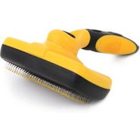 Produktbild von Lionto Selbstreinigende Hundebürste und Katzenbürste aus Edelstahl mit rutschfestem Griff für langes und kurzes Fell in Schwarz-Gelb