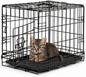 lionto Tiertransportbox für Katzen aus Metall in Schwarz mit Kunststoffbodenwanne und Trennwand 45x31x36 cm – Bild 1 von 5