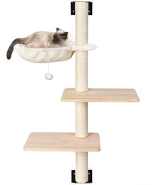 Liszton Wandmontage Katzenkratzbaum aus Holz mit Hängematte und 2 Plattformen in Beige 104cm – Bild 1 von 11