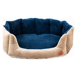Produktbild von LokiLux Muschelbett Charly für Hunde und Katzen aus Velours und Cord in Braun-Blau Größe L