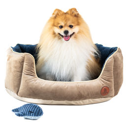 Produktbild von LokiLux Muschelbett Charly Hundebett und Katzenbett aus Velours und Cord in Braun-Blau Größe M
