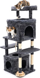 LONA Kratzbaum für Katzen mit 2 Höhlen und Sisalseil, 140 cm hoher Katzenturm aus Holz und Plüsch, Grau – Bild 1 von 3