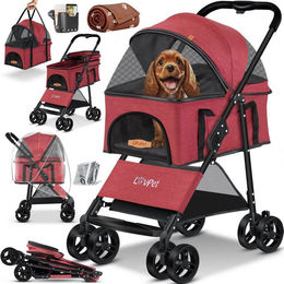 Lovpet 2in1 Hundebuggy und Katzenbuggy faltbar mit Transportbox und Regenschutz in Rot – Bild 1 von 5