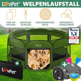 Lovpet Faltbarer Welpenlaufstall für Hunde und Katzen aus Oxford-Gewebe inklusive Hundenapf und Fleece-Decke Khaki – Bild 1 von 8