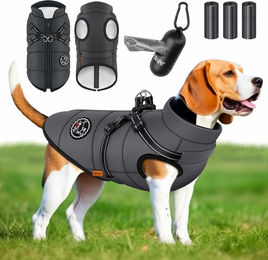 Produktbild von LOVPET Hundejacke Hundemantel mit integriertem Geschirr und Kotbeutel-Set, wasserdichte gefütterte Winterweste für Hunde in Schwarz - 45 Stk.