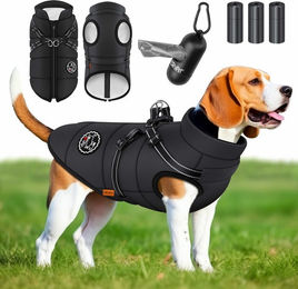 LOVPET Hundejacke Hundemantel mit integriertem Geschirr und Kotbeuteln Schwarz Wasserdicht Gefüttert mit Reflektoren - 45 Stk. – Bild 1 von 1