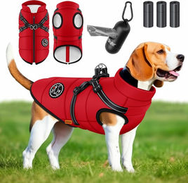 LOVPET Hundejacke Hundemantel mit integriertem Geschirr und Kotbeuteln Set wasserdicht gefüttert mit Reflektoren für Hunde – Bild 1 von 1