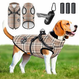 LOVPET Hundejacke Hundemantel mit integriertem Geschirr und Kotbeuteln wasserdicht gefüttert Beige 5XL – Bild 1 von 9