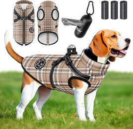 LOVPET Hundejacke mit integriertem Geschirr und Kotbeuteln sowie Spender wasserdicht gefüttert mit Reflektoren für Hunde – Bild 1 von 1