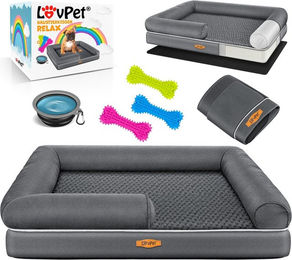 Produktbild von LovPet Orthopädisches Hundebett mit Memory Foam und Napf sowie Kauknochen in Grau