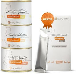 Lucky-Kitty Katzenfutter Probierset mit Huhn, Pute und Ente getreidefrei und monoprotein mit hohem Fleischanteil 3x200g plus Filet-Creme – Bild 1 von 3