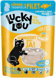 Produktbild von Lucky Lou Extra Food Hühnerfilet und Thunfisch in Brühe für Katzen 12x70g